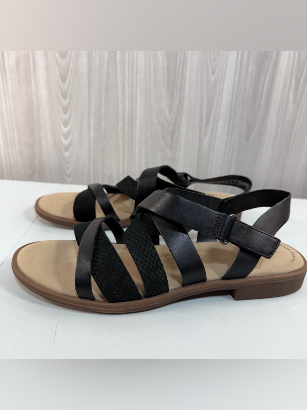 Clarks Declan Mix Black Leather Nubuck Strappy Flat Gladiator Sandals‎ Women’s 9